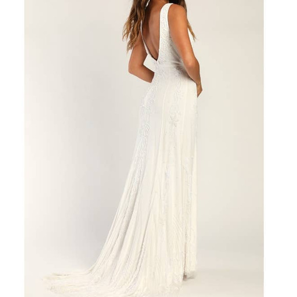 LULU'S XS White Passionate Romance Beaded Sequin Mermaid Maxi Dress NEW 0B7 - Picture 3 of 11